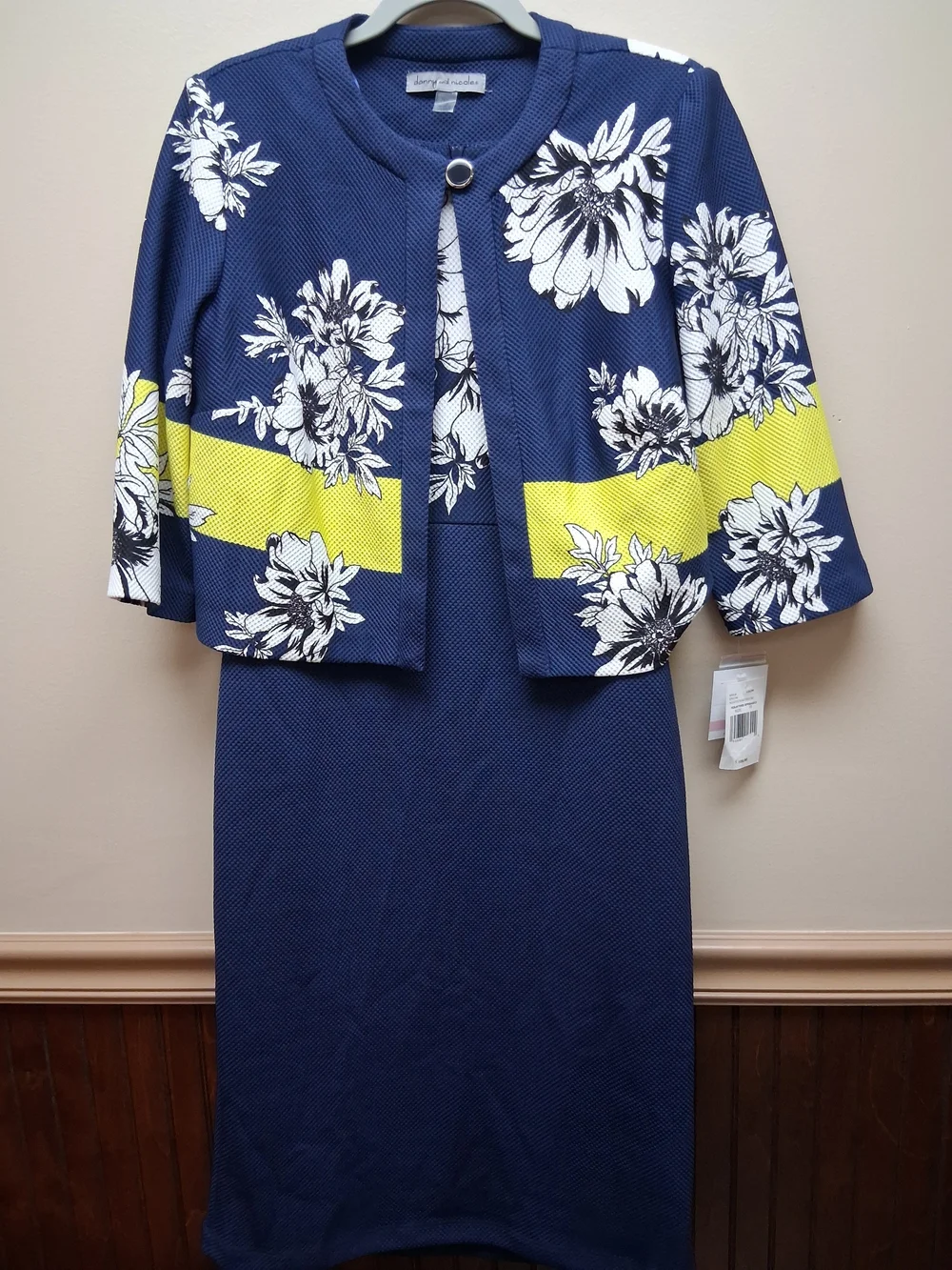 Danny & Nicole Navy Blue Floral Cropped Jacket & Sheath Dress Set Size 10 NWT